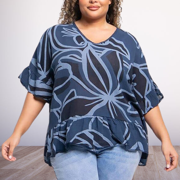 Printed Top One Size Blue Green Gray