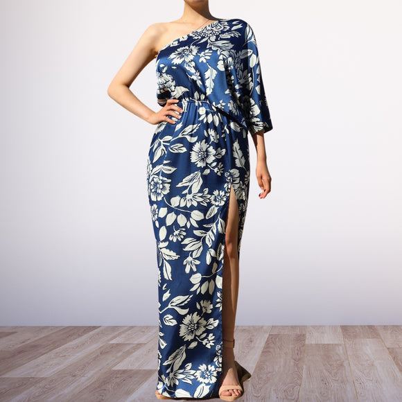 One-Shoulder Floral Maxi Dress in Blue