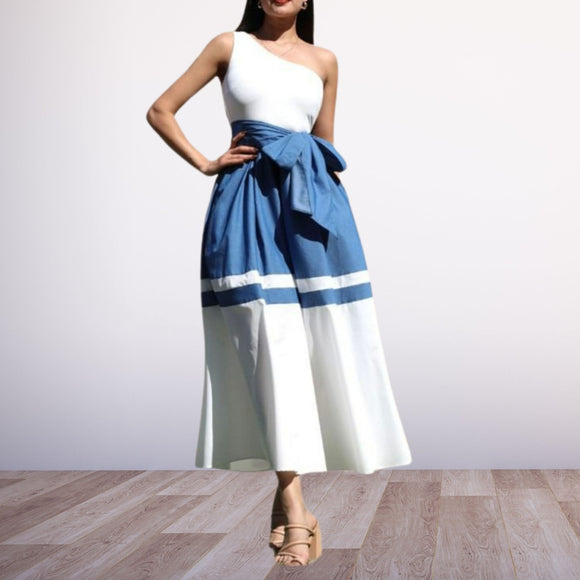 Blue and White Color Block Belted Dress in 2 colors