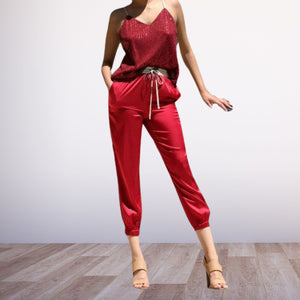 Glittery Top Drawstring Jumpsuit Red, Black, White
