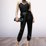 Glittery Top Drawstring Jumpsuit Red, Black, White