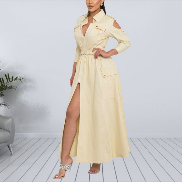 Belted high-low shirt dress with a leg slit in 2 colors
