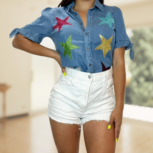 Short-sleeved jean shirt with stars